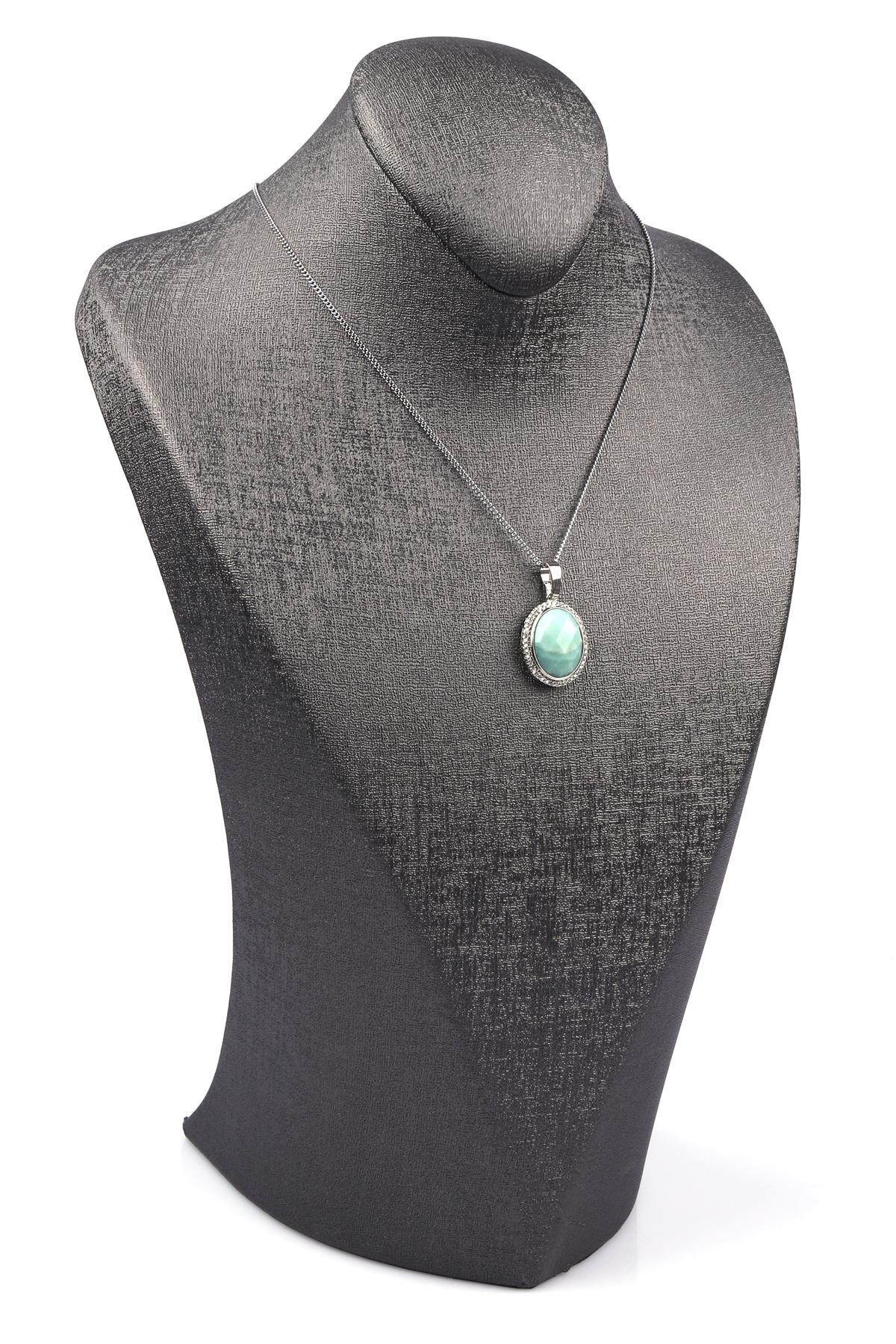 Amazonit Doğal Taş Gümüş Renkli Kolye