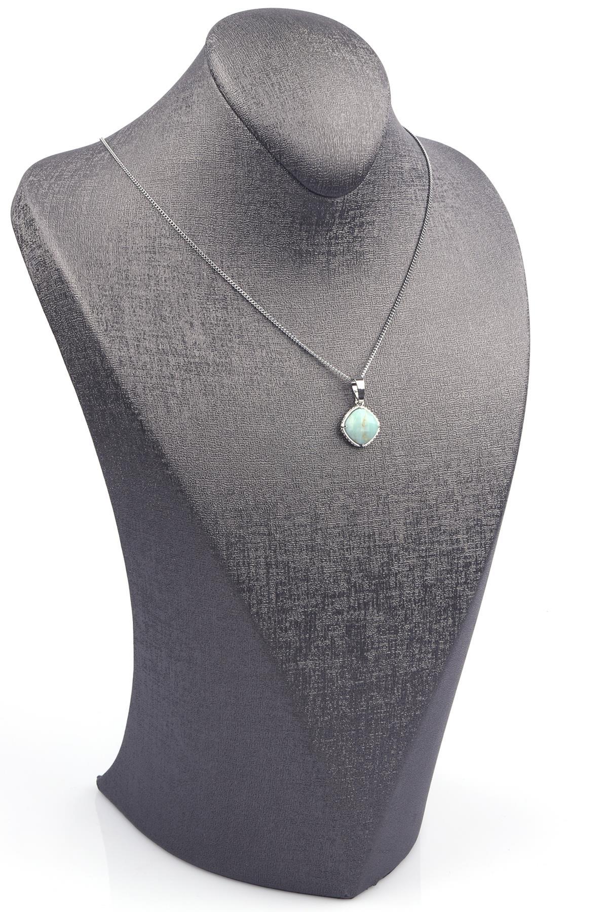 Amazonit Doğal Taş Gümüş Renkli Kolye