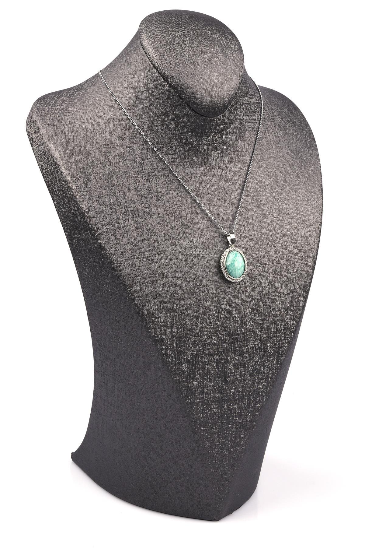 Amazonit Doğal Taş Gümüş Renkli Kolye