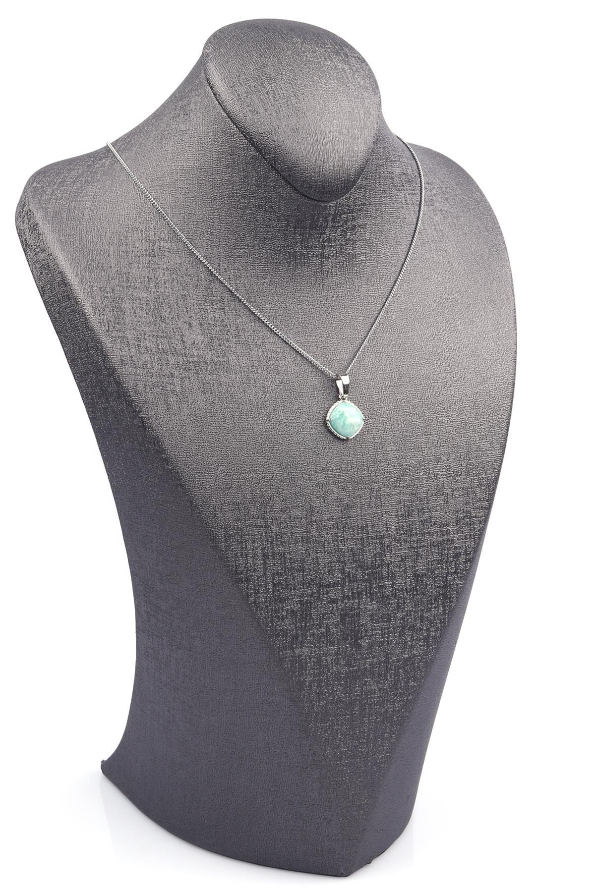 Amazonit Doğal Taş Gümüş Renkli Kolye