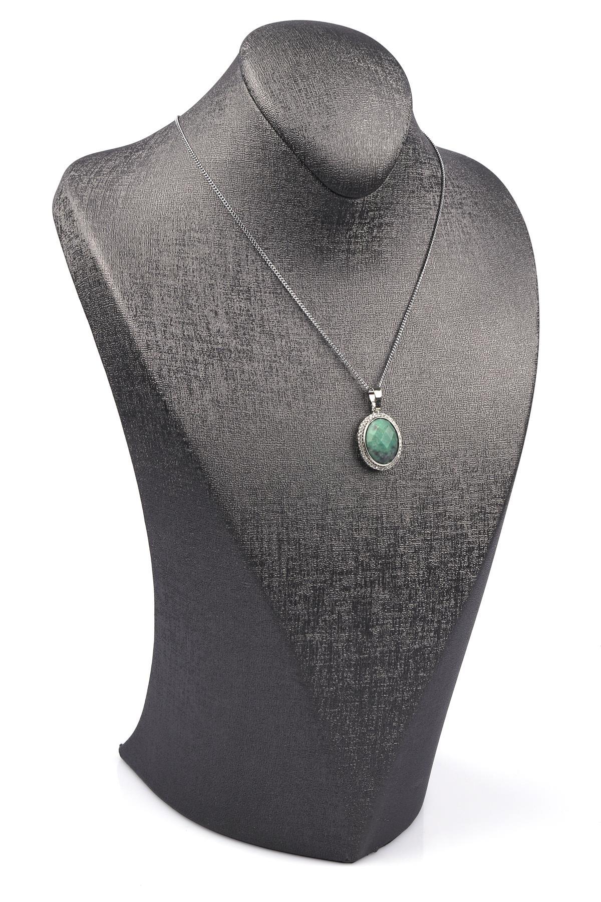 Amazonit Doğal Taş Gümüş Renkli Kolye