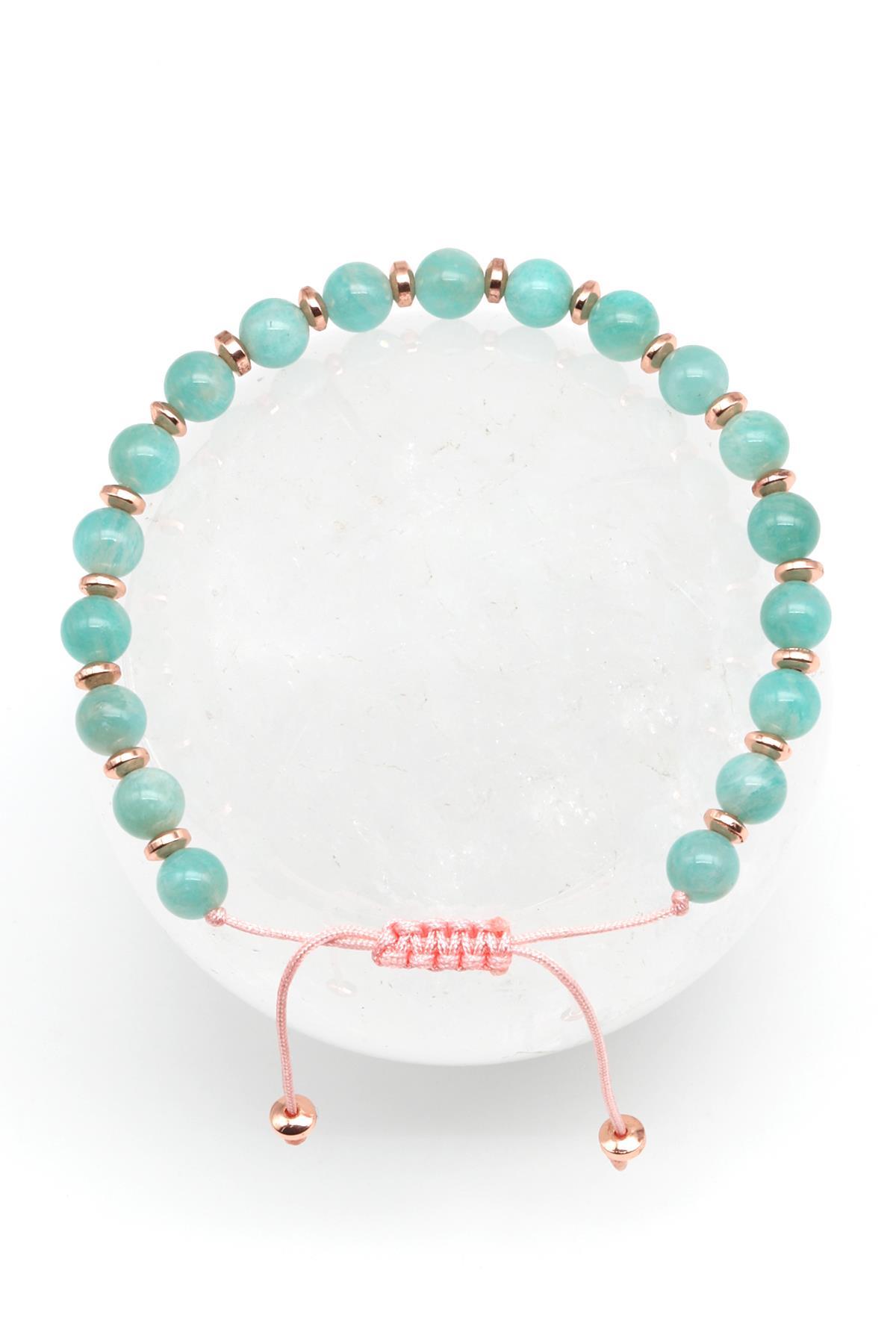 Amazonit Doğal Taş Makrome Örme Bileklik Küre Kesim