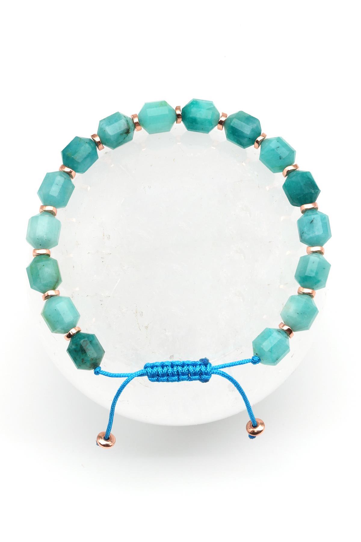 Amazonit Doğal Taş Makrome Örme Bileklik Hexagonal Kesim