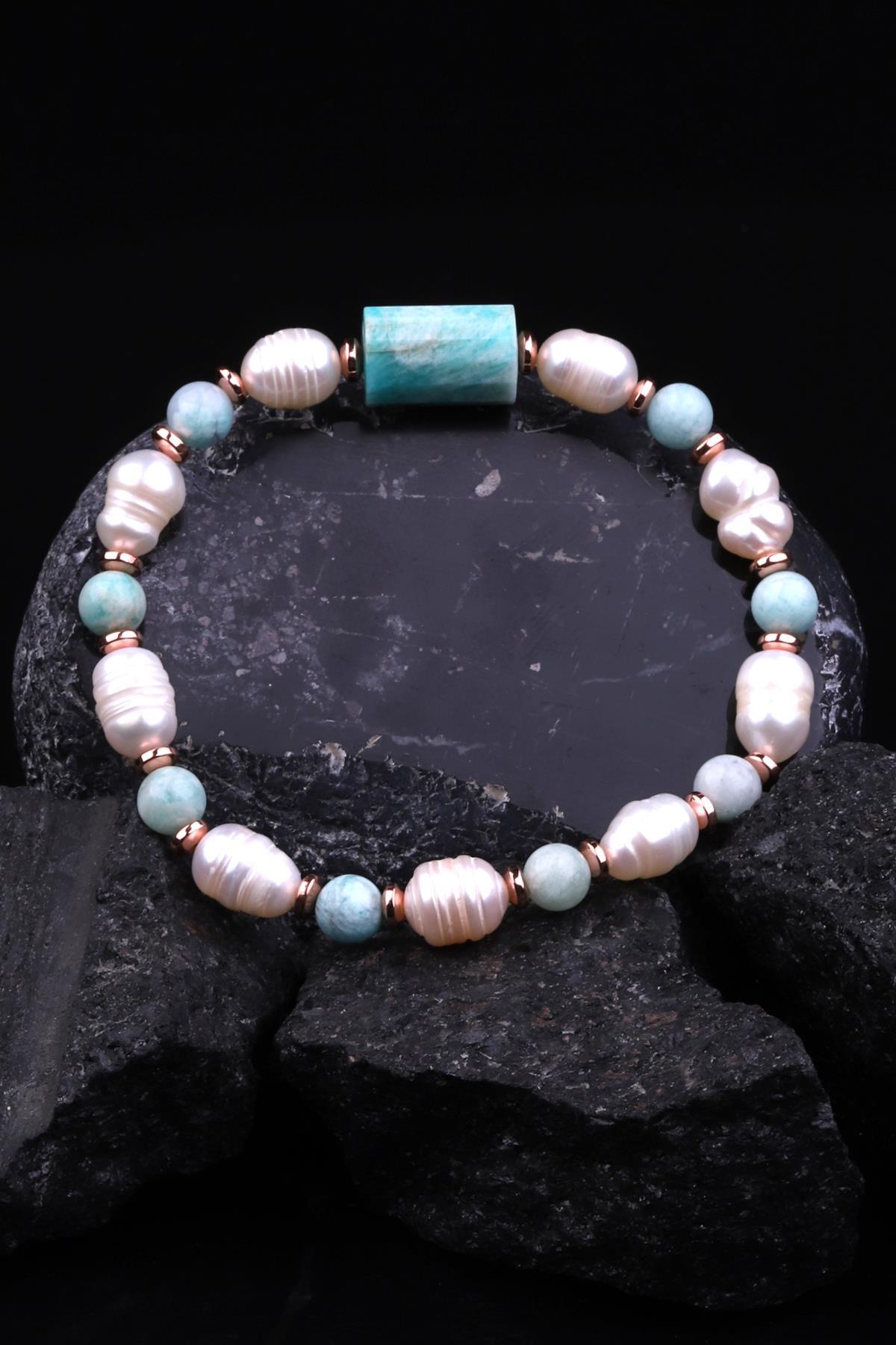 Amazonit - İnci -  Hematit Doğal Taş Tasarım Bileklik