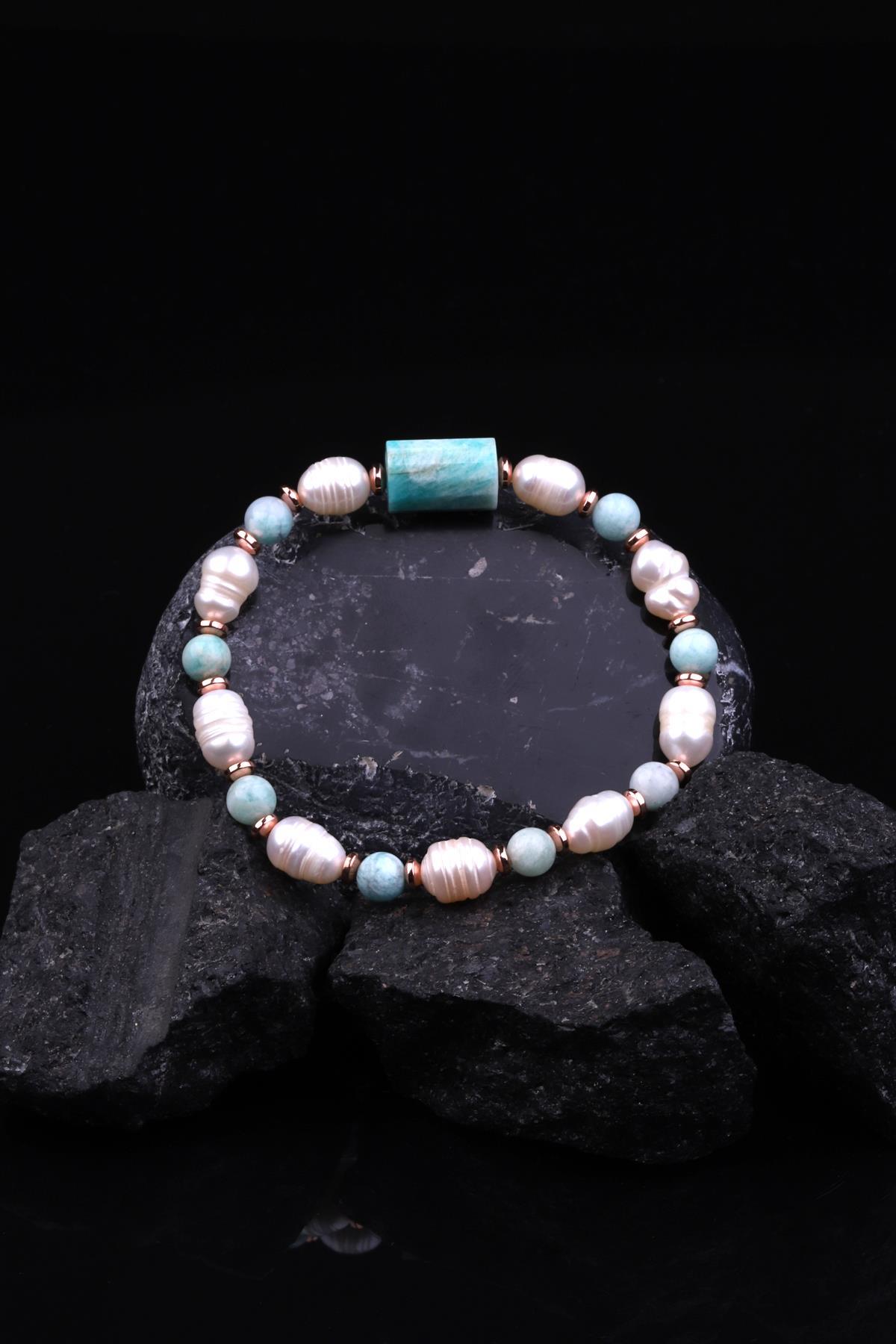 Amazonit - İnci -  Hematit Doğal Taş Tasarım Bileklik