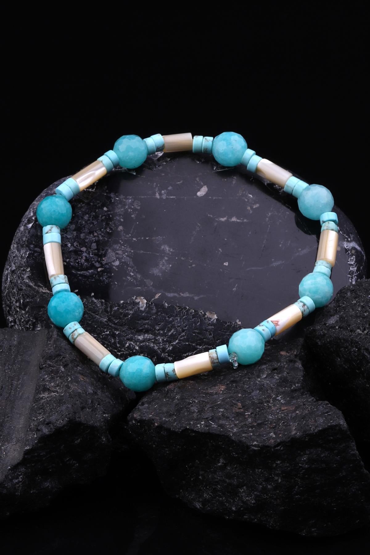 Amazonit - Sedef - Turkuaz Doğal Taş Tasarım Bileklik