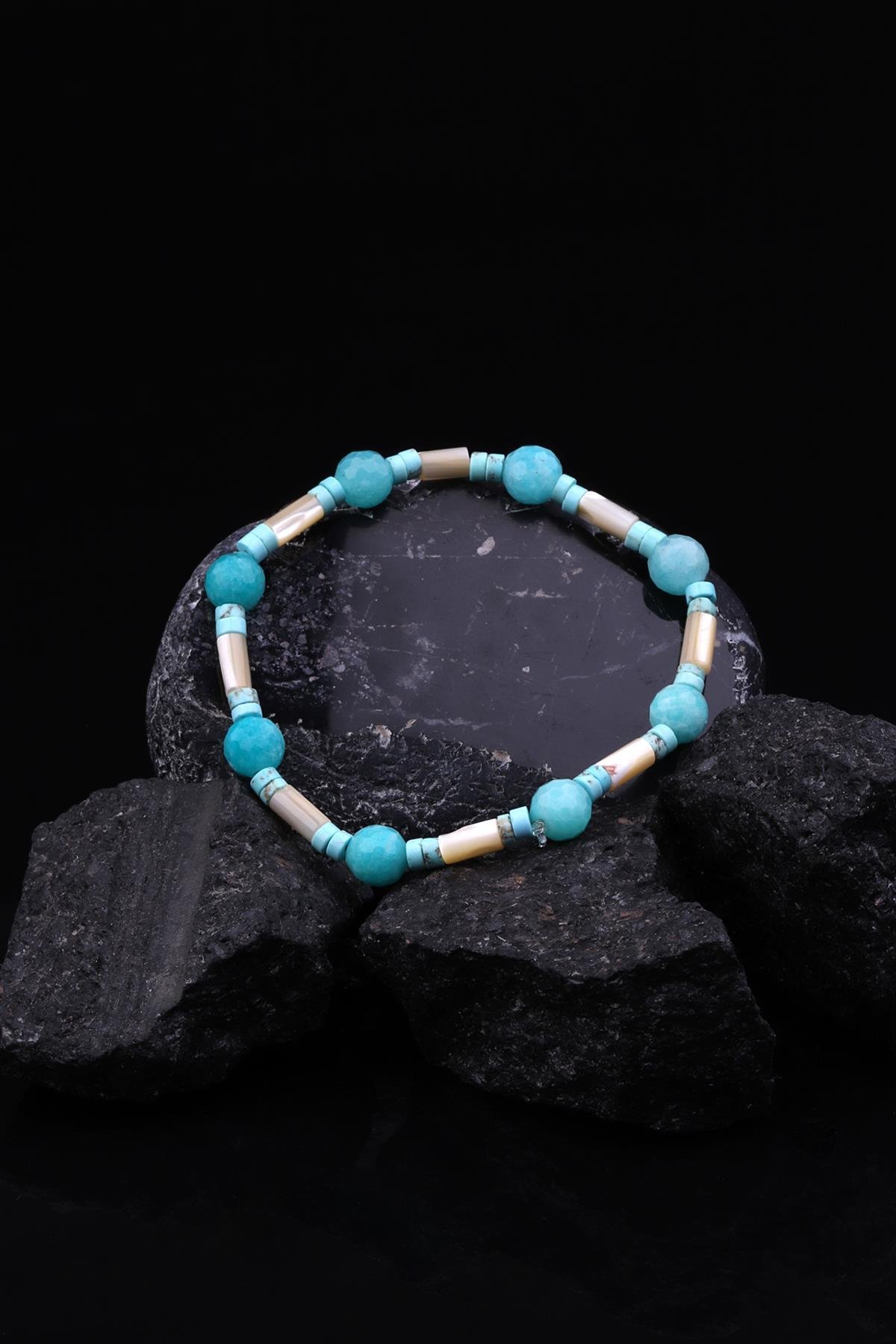 Amazonit - Sedef - Turkuaz Doğal Taş Tasarım Bileklik