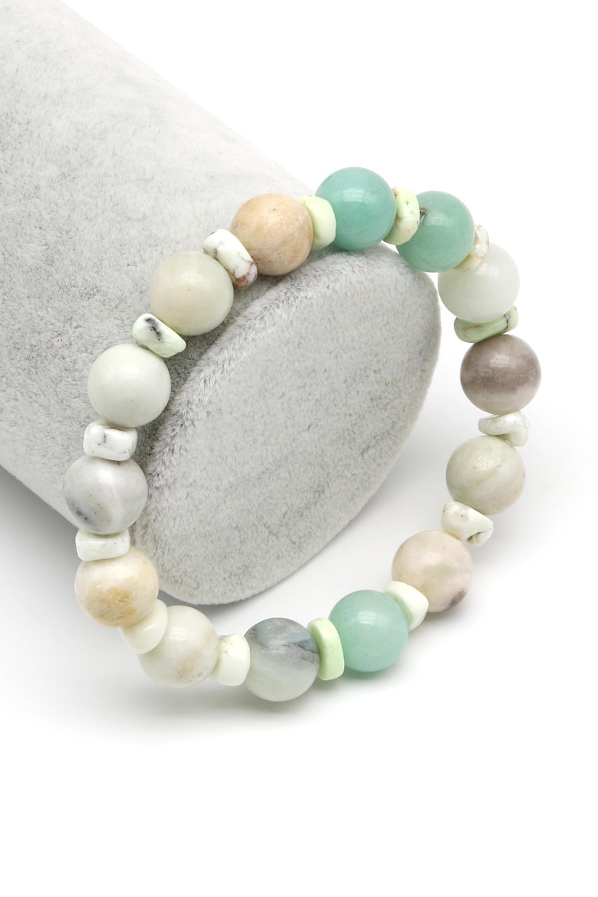 Amazonit-Yeşim Doğal Taş Tasarım Bileklik 10 mm Küre Kesim