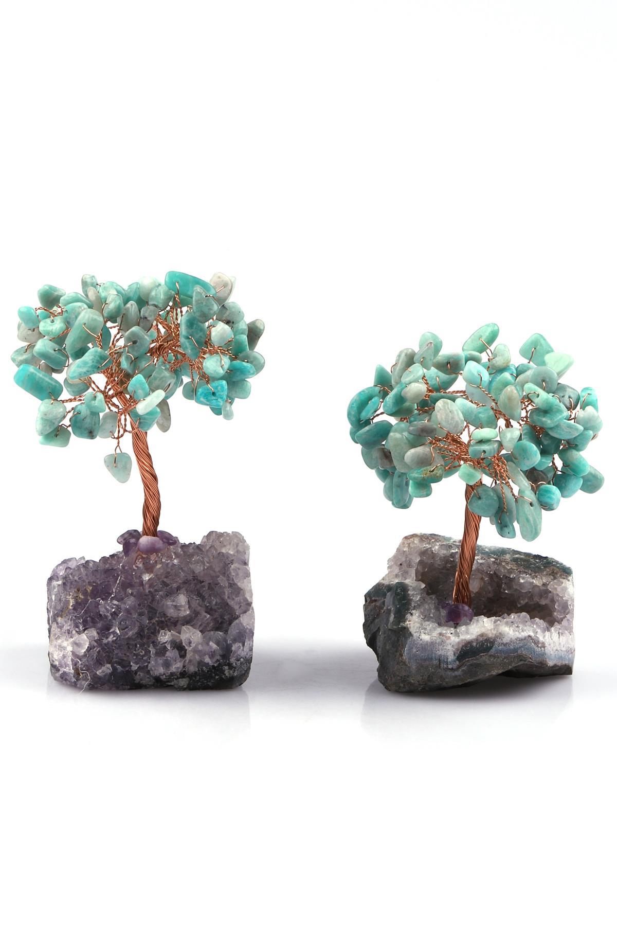 Ametist - Amazonit Doğal Taş Tel Sarmalı Tasarım Ağaç
