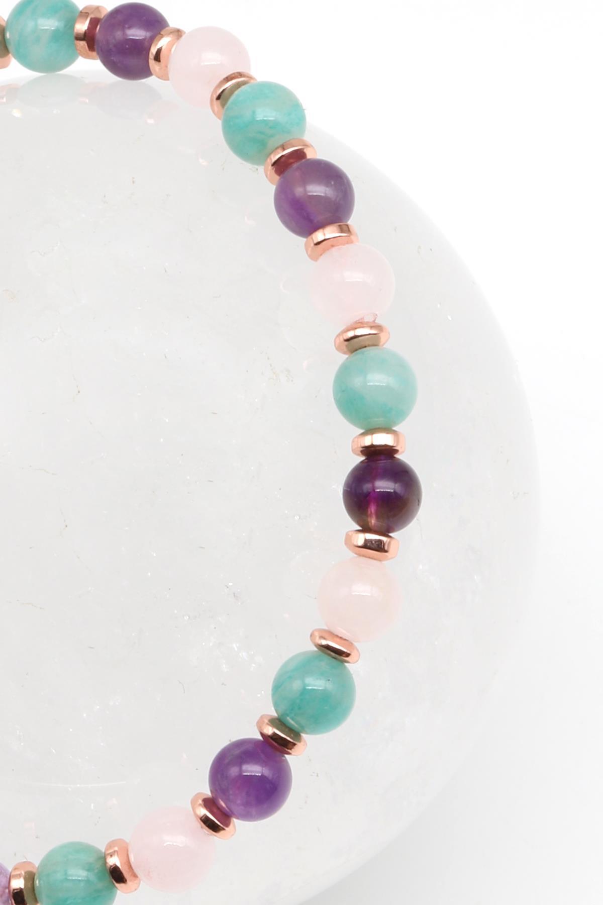 Ametist-Amazonit-Pembe Kuvars Doğal Taş Makrome Örme Bileklik Küre Kesim