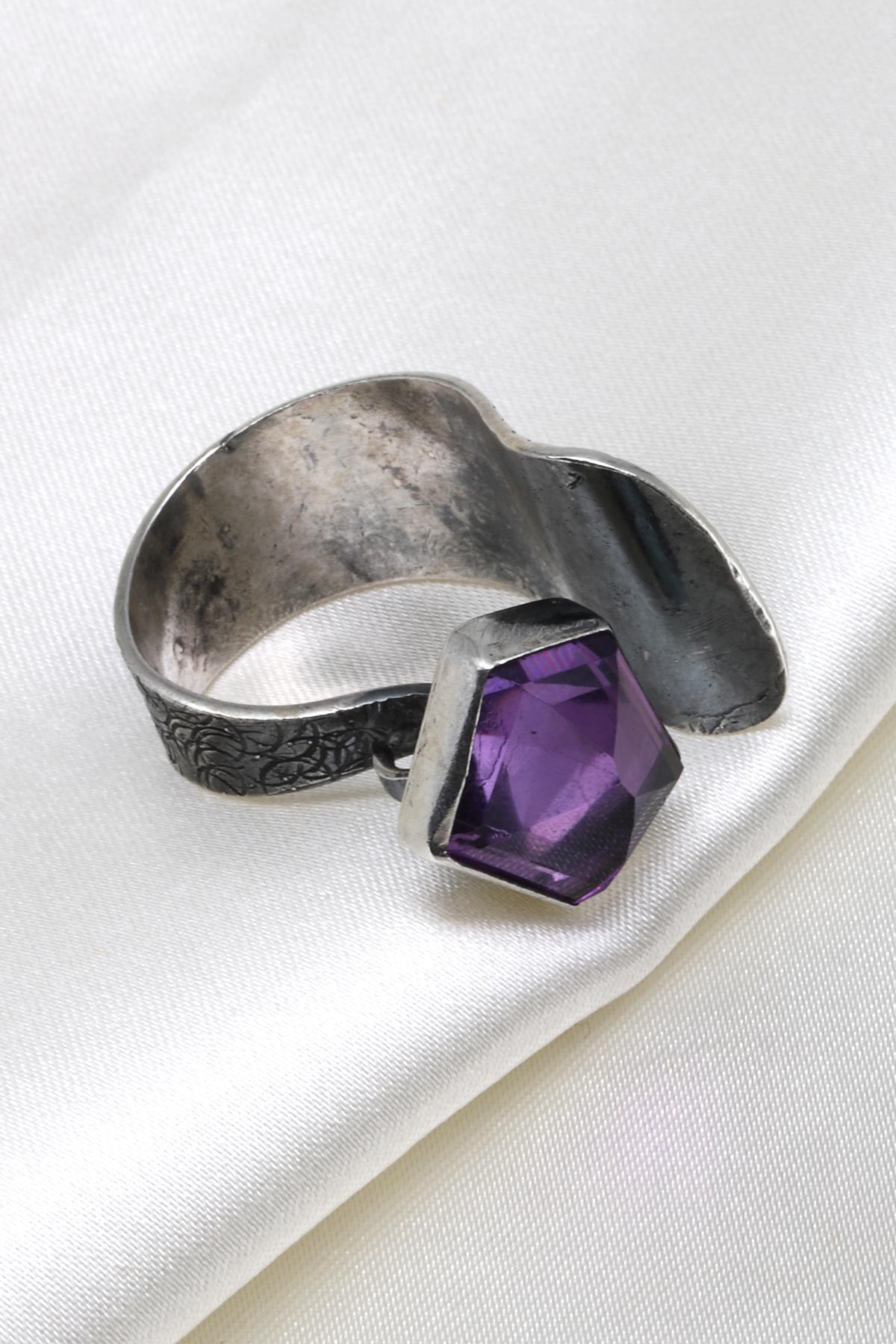 Ametist Doğal Taş 925 Ayar Gümüş Ayarlanabilir Yüzük