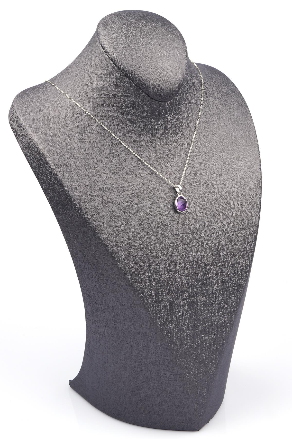 Ametist Doğal Taş 925 Ayar Gümüş Kolye