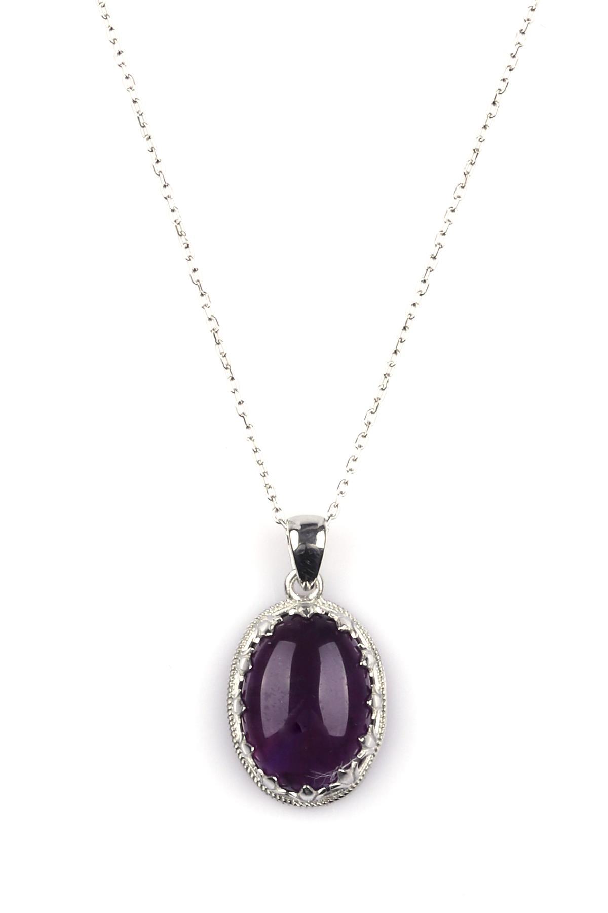 Ametist Doğal Taş 925 Ayar Gümüş Kolye