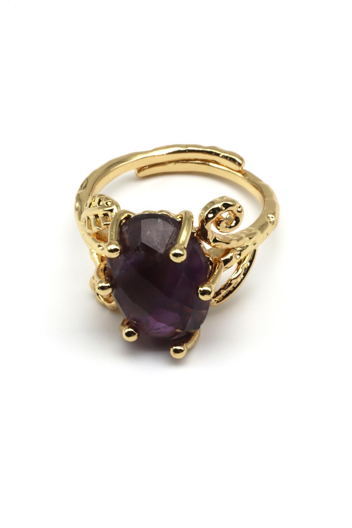 Ametist Doğal Taş Ayarlanabilir Gold Renk Yüzük