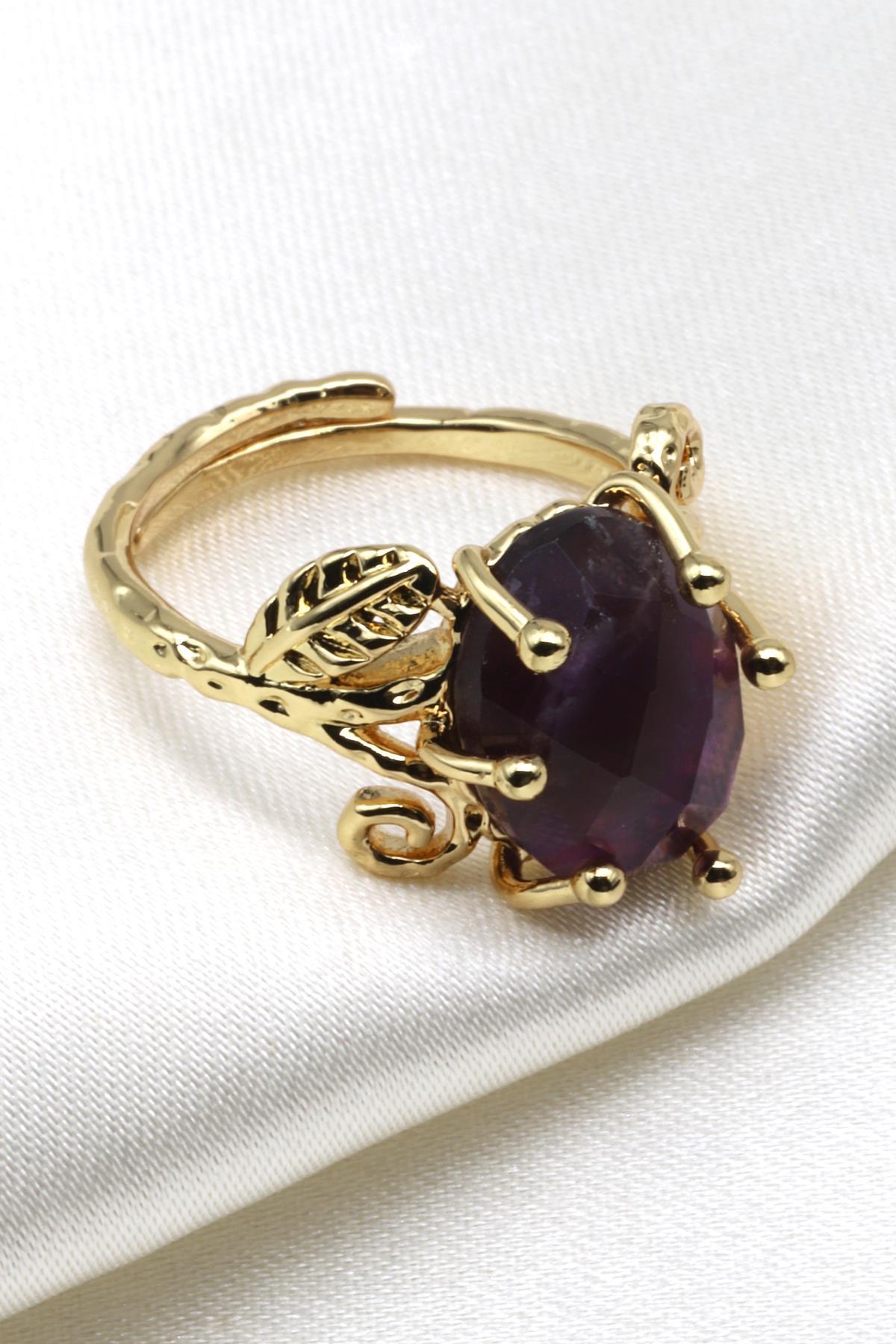 Ametist Doğal Taş Ayarlanabilir Gold Renk Yüzük