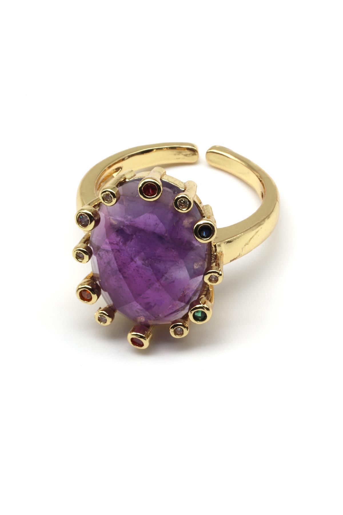 Ametist Doğal Taş Ayarlanabilir Gold Renk Yüzük