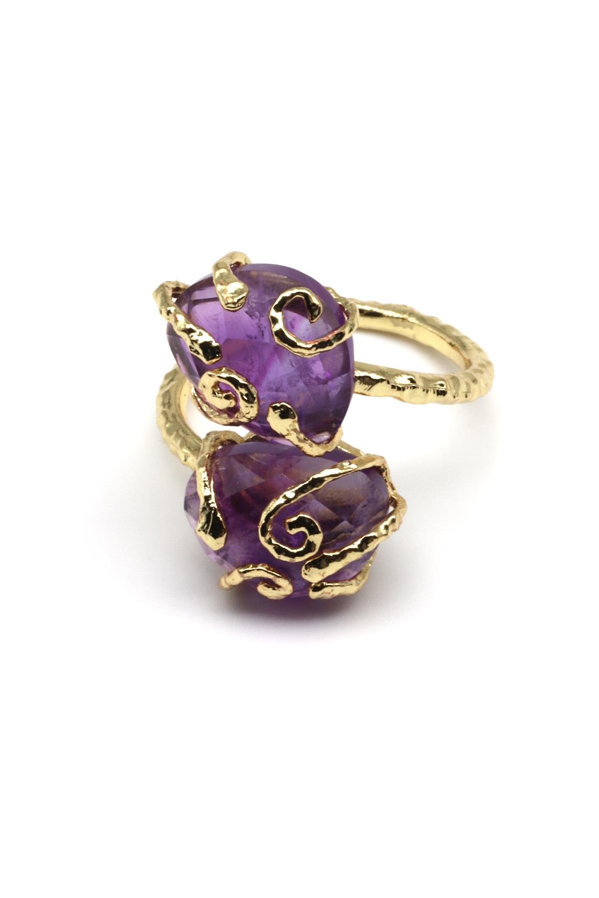 Ametist Doğal Taş Ayarlanabilir Gold Renk Yüzük