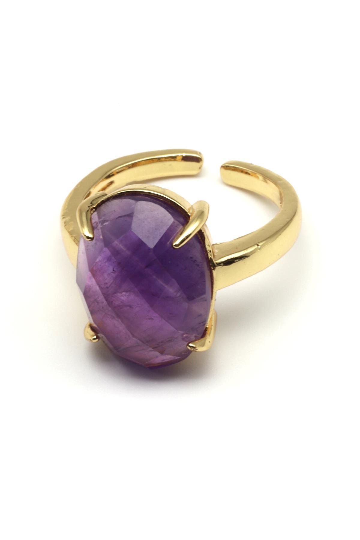 Ametist Doğal Taş Ayarlanabilir Gold Renk Yüzük