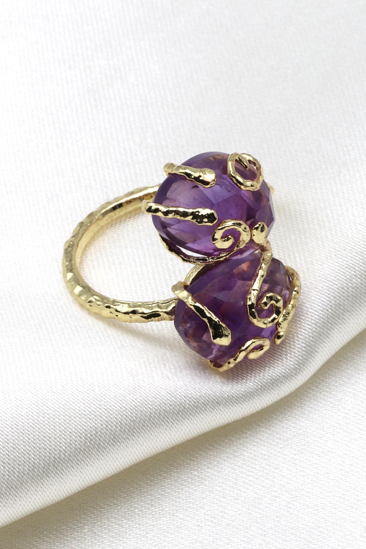 Ametist Doğal Taş Ayarlanabilir Gold Renk Yüzük