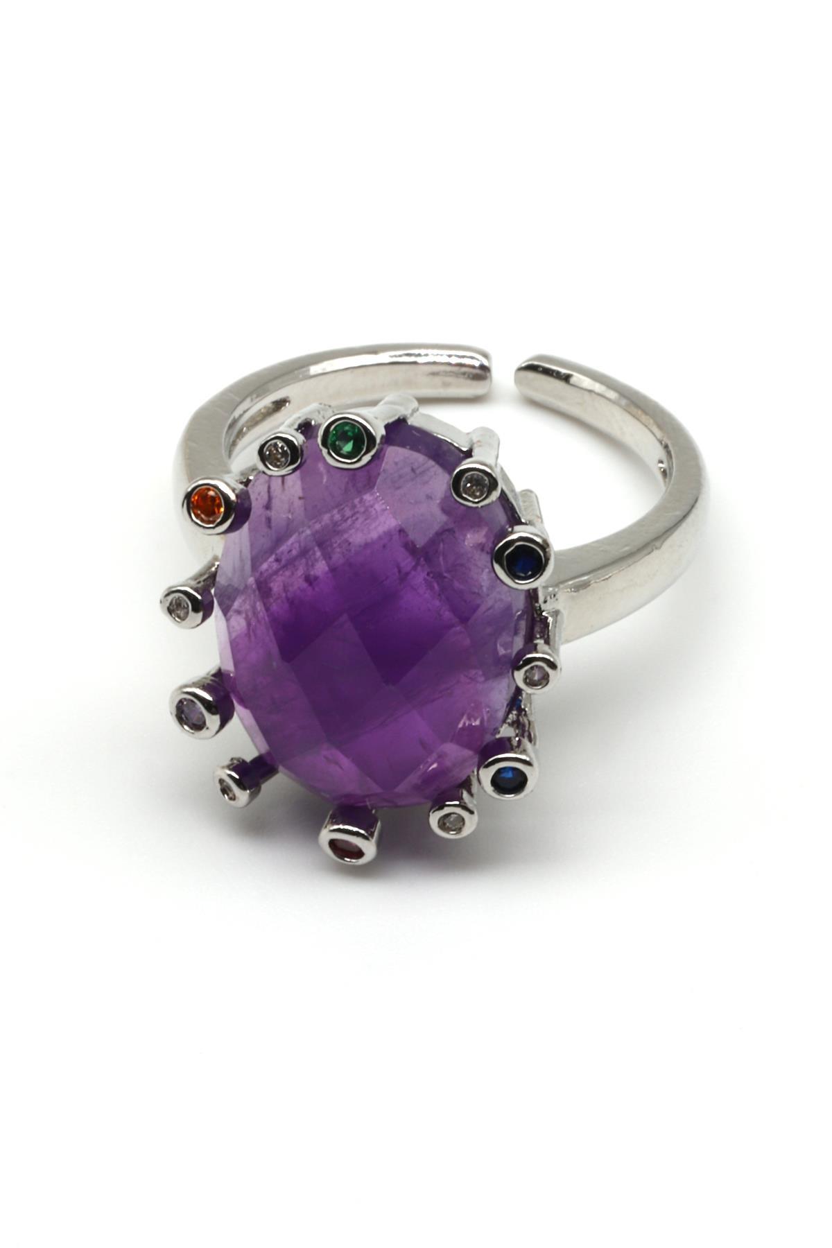 Ametist Doğal Taş Ayarlanabilir Yüzük