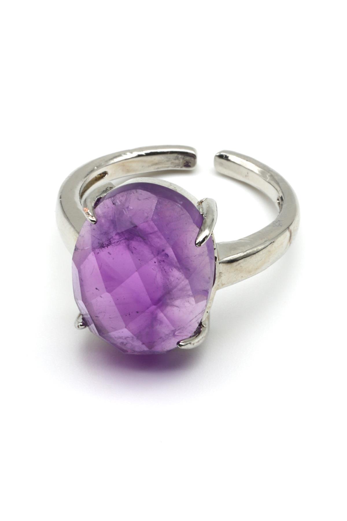 Ametist Doğal Taş Ayarlanabilir Yüzük