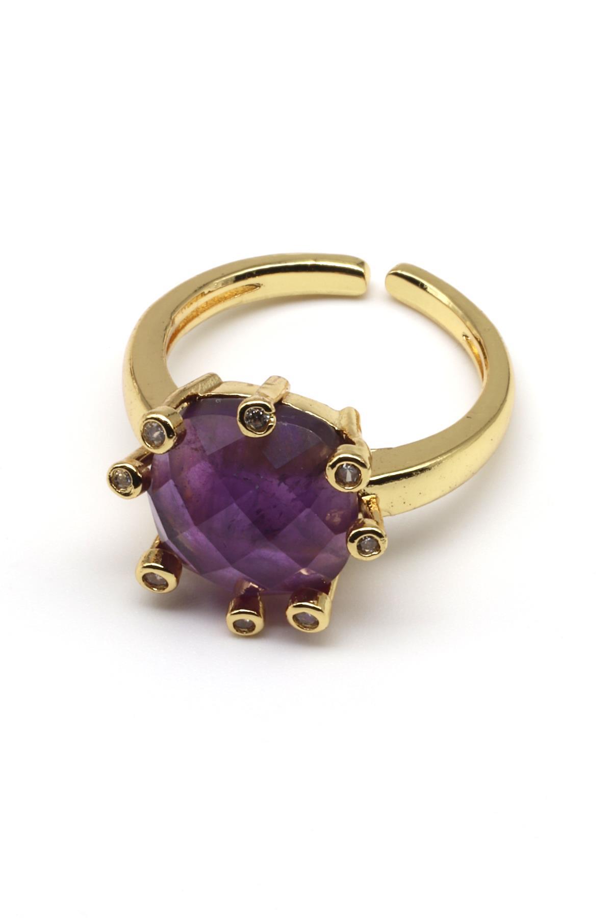 Ametist Doğal Taş Ayarlanabilir Yüzük