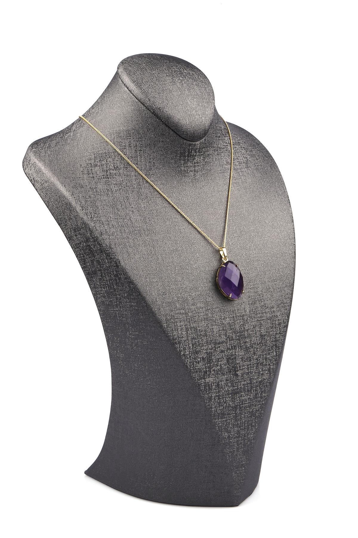 Ametist Doğal Taş Gold Renkli Kolye