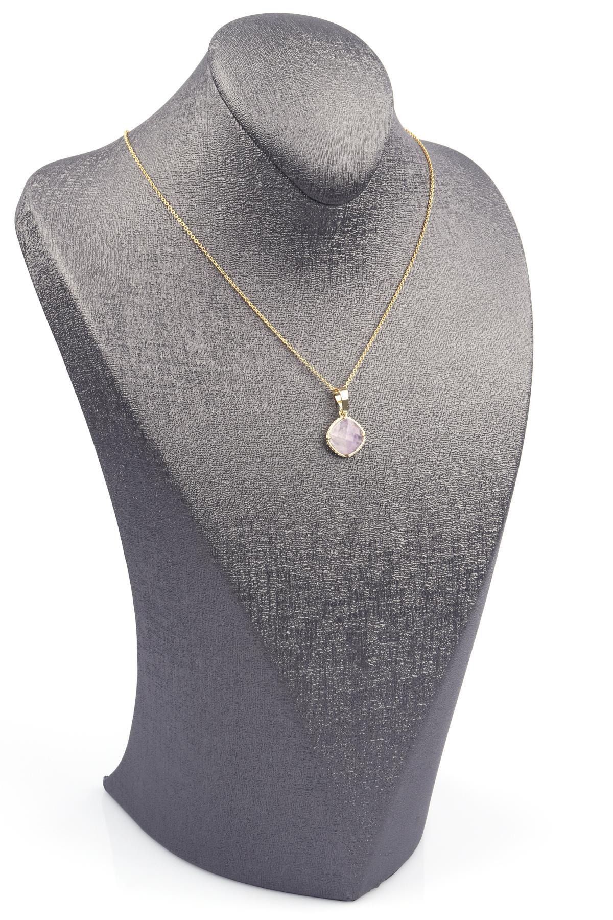 Ametist Doğal Taş Gold Renkli Kolye