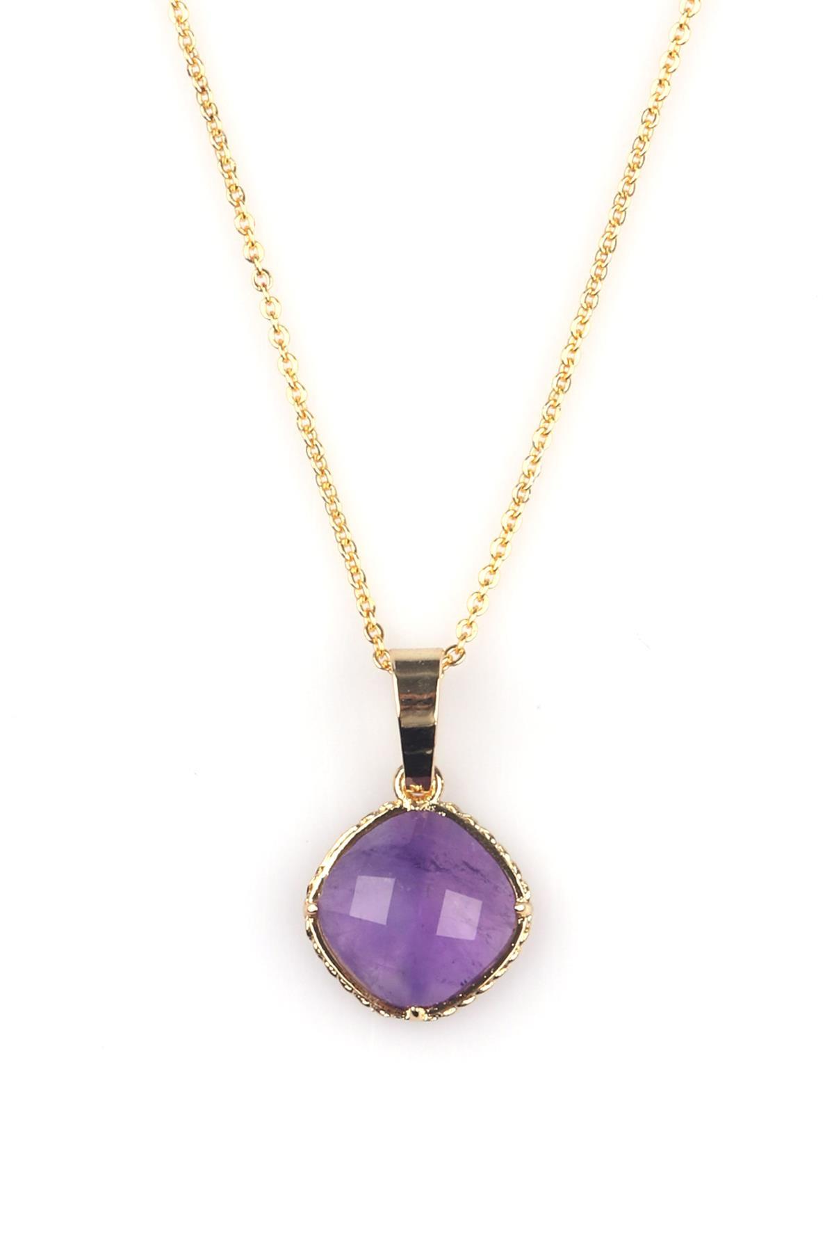 Ametist Doğal Taş Gold Renkli Kolye