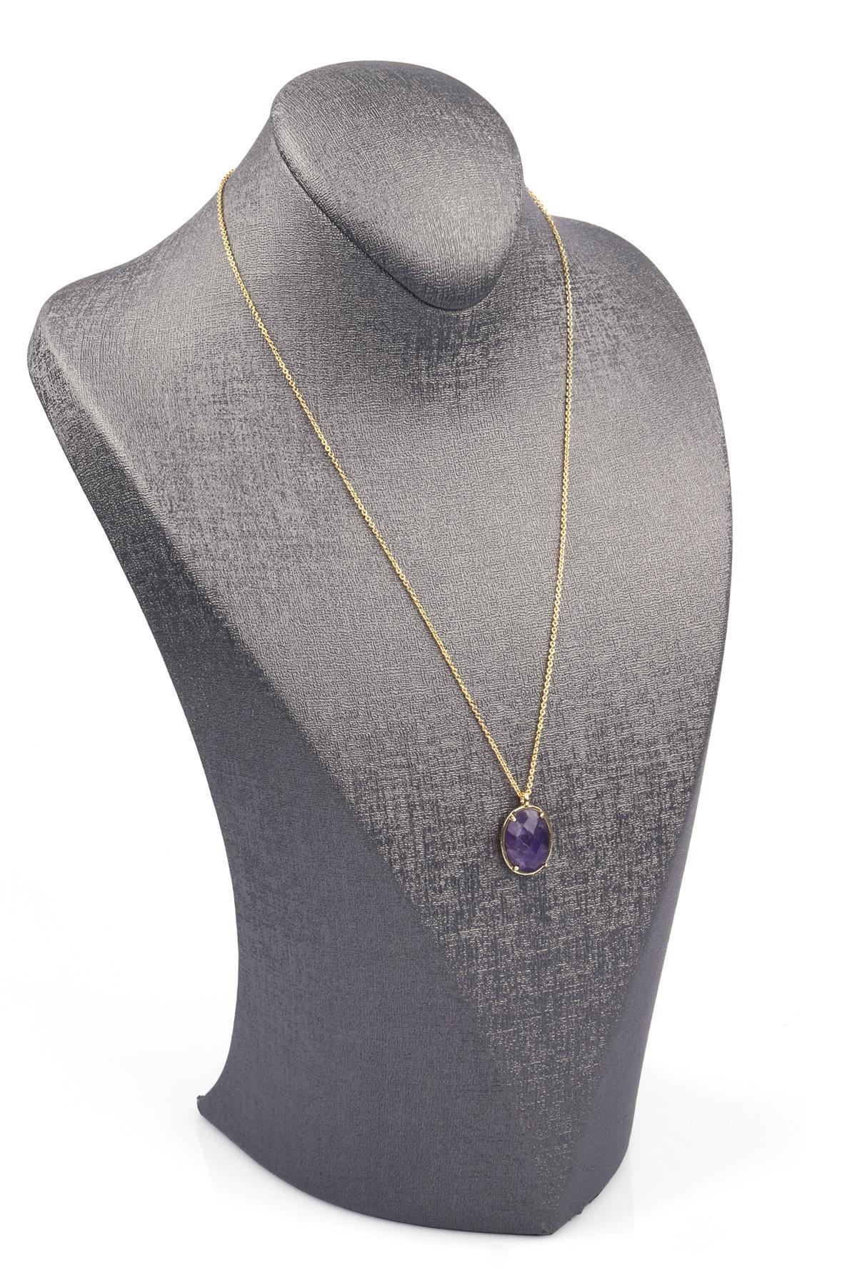 Ametist Doğal Taş Gold Renkli Kolye