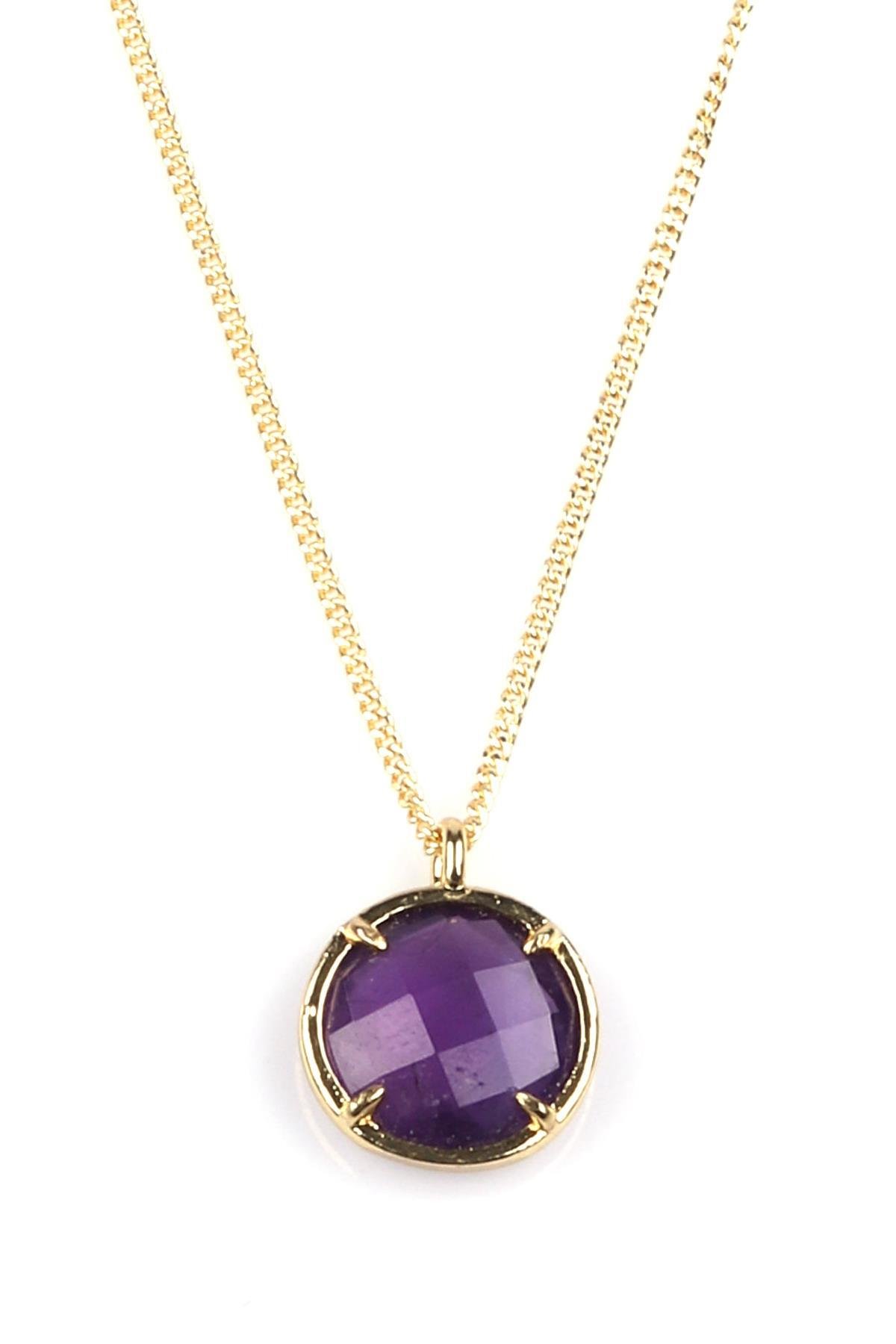 Ametist Doğal Taş Gold Renkli Kolye