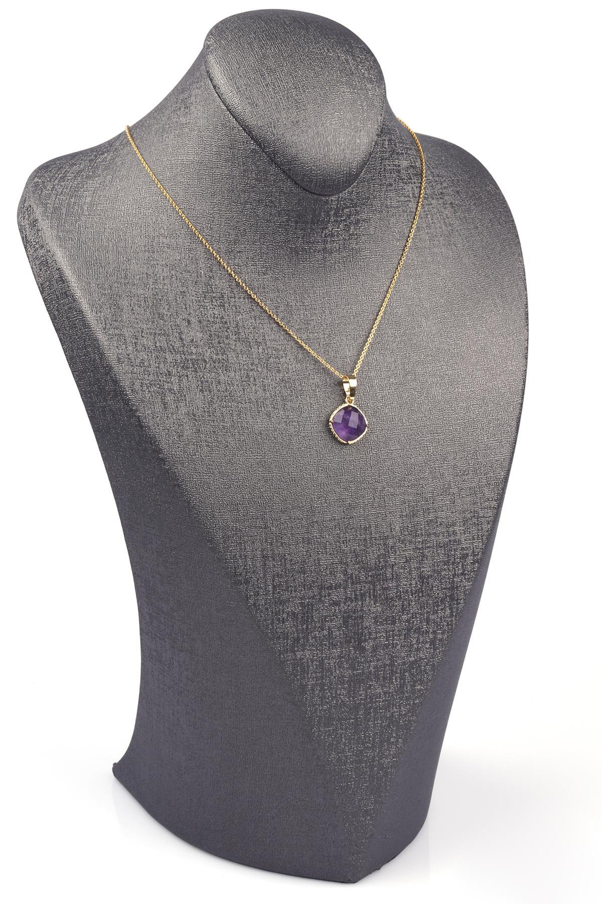 Ametist Doğal Taş Gold Renkli Kolye