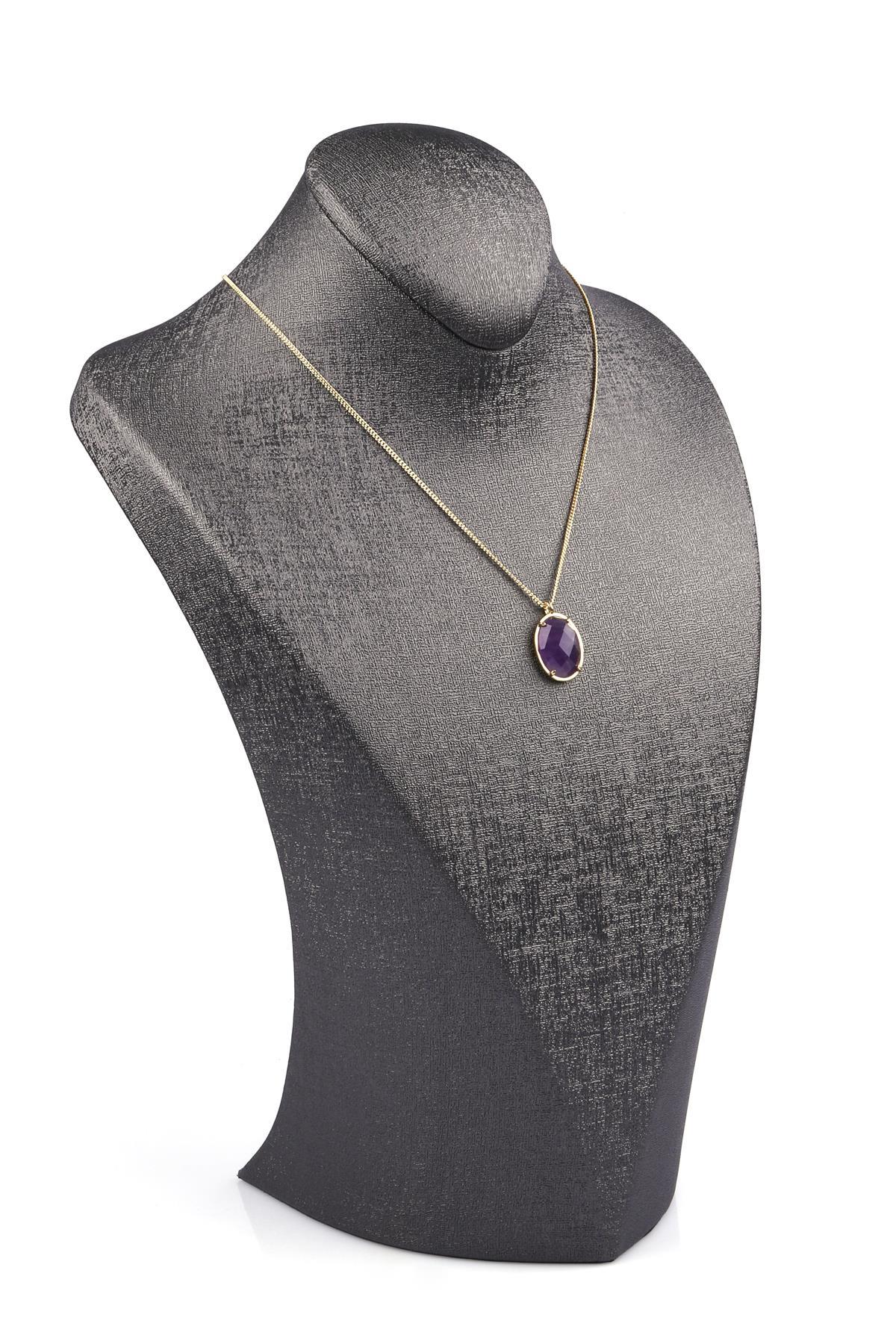 Ametist Doğal Taş Gold Renkli Kolye