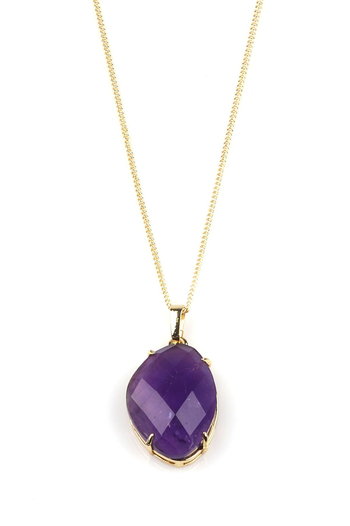 Ametist Doğal Taş Gold Renkli Kolye