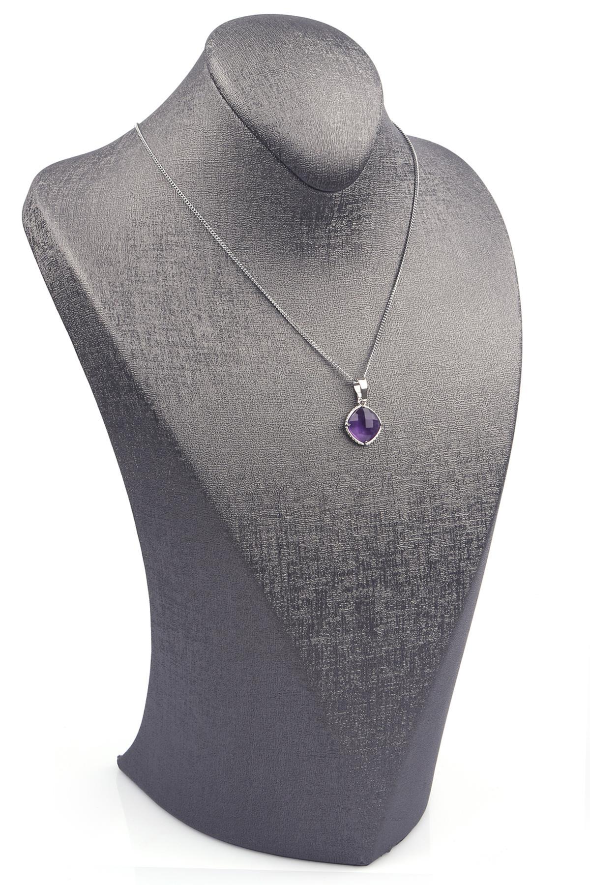 Ametist Doğal Taş Gümüş Renkli Kolye