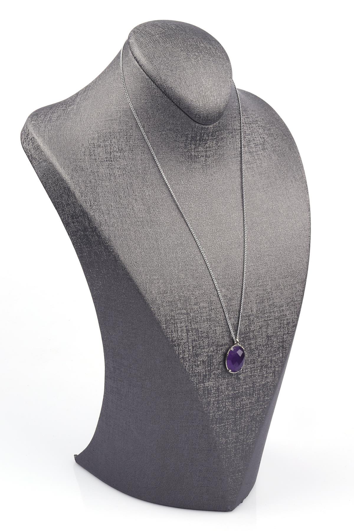 Ametist Doğal Taş Gümüş Renkli Kolye