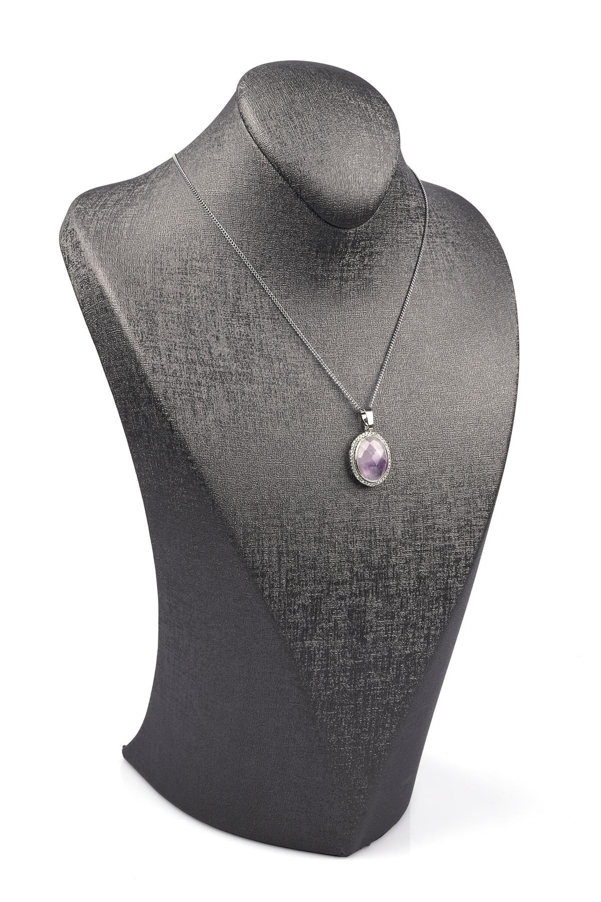 Ametist Doğal Taş Gümüş Renkli Kolye