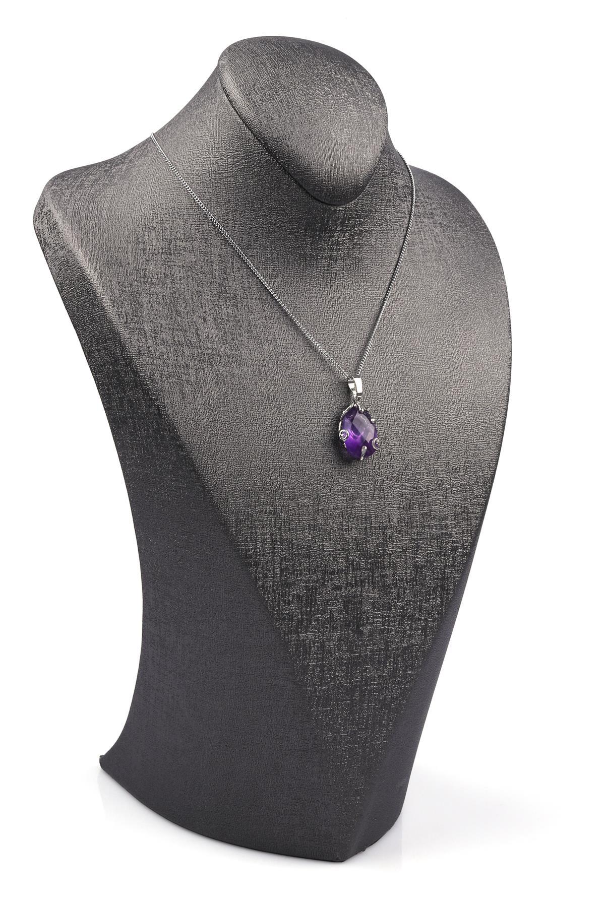 Ametist Doğal Taş Gümüş Renkli Kolye