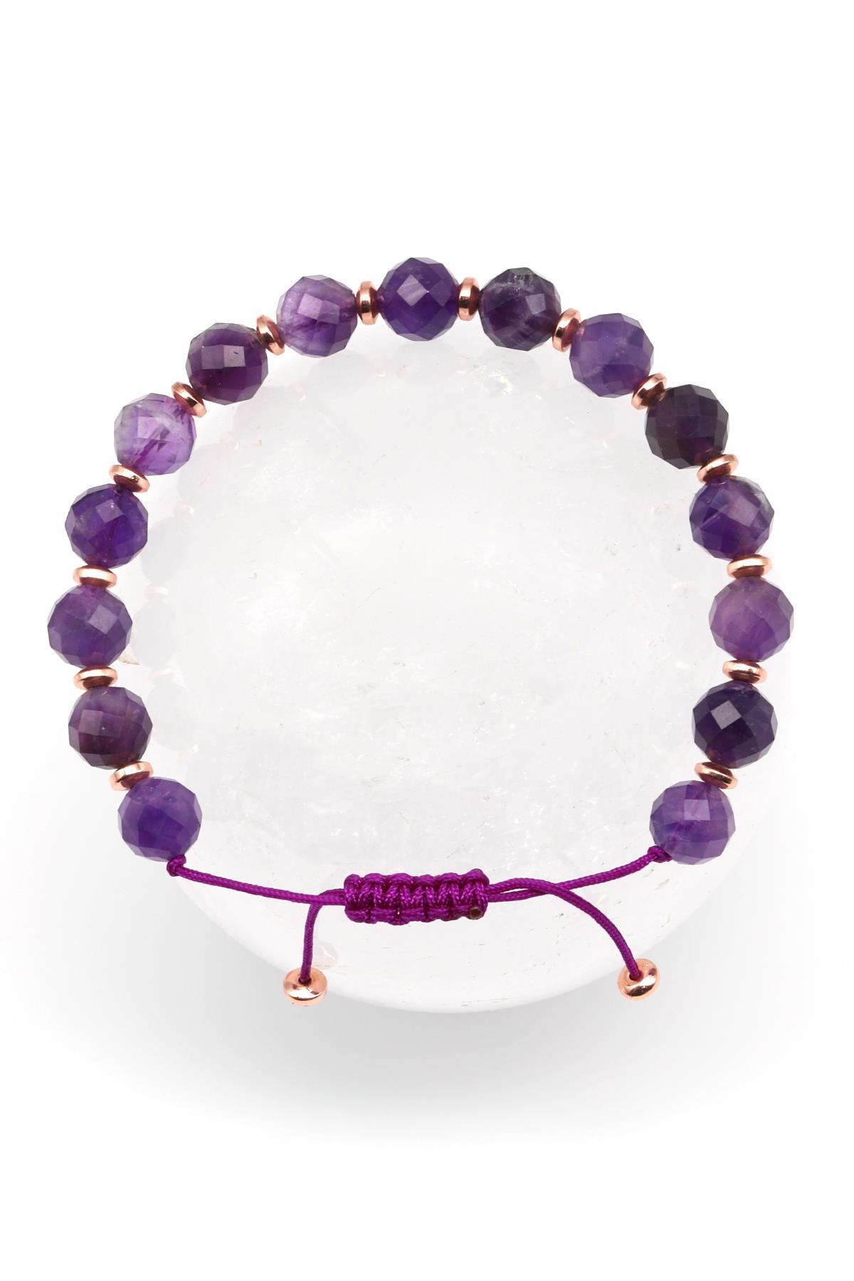 Ametist Doğal Taş Makrome Örme Bileklik Fasetli Kesim