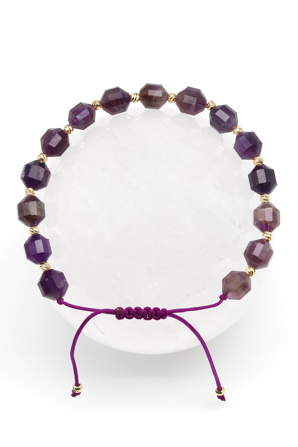 Ametist Doğal Taş Makrome Örme Bileklik Hexagonel Kesim