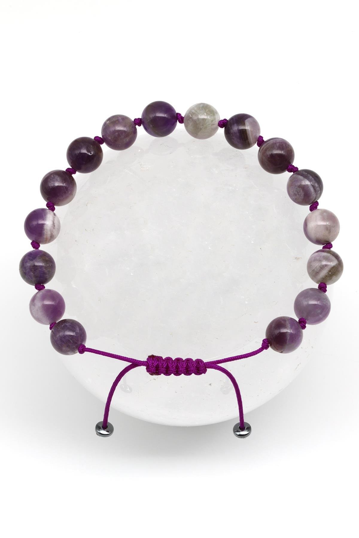 Ametist Doğal Taş Makrome Örme Bileklik Küre Kesim