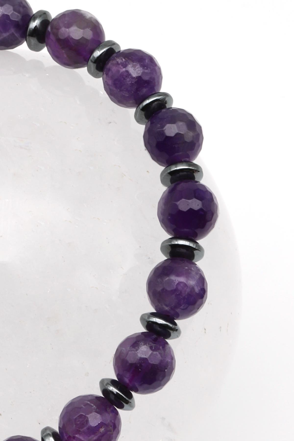 Ametist Doğal Taş Makrome Örme Bileklik Fasetli Kesim