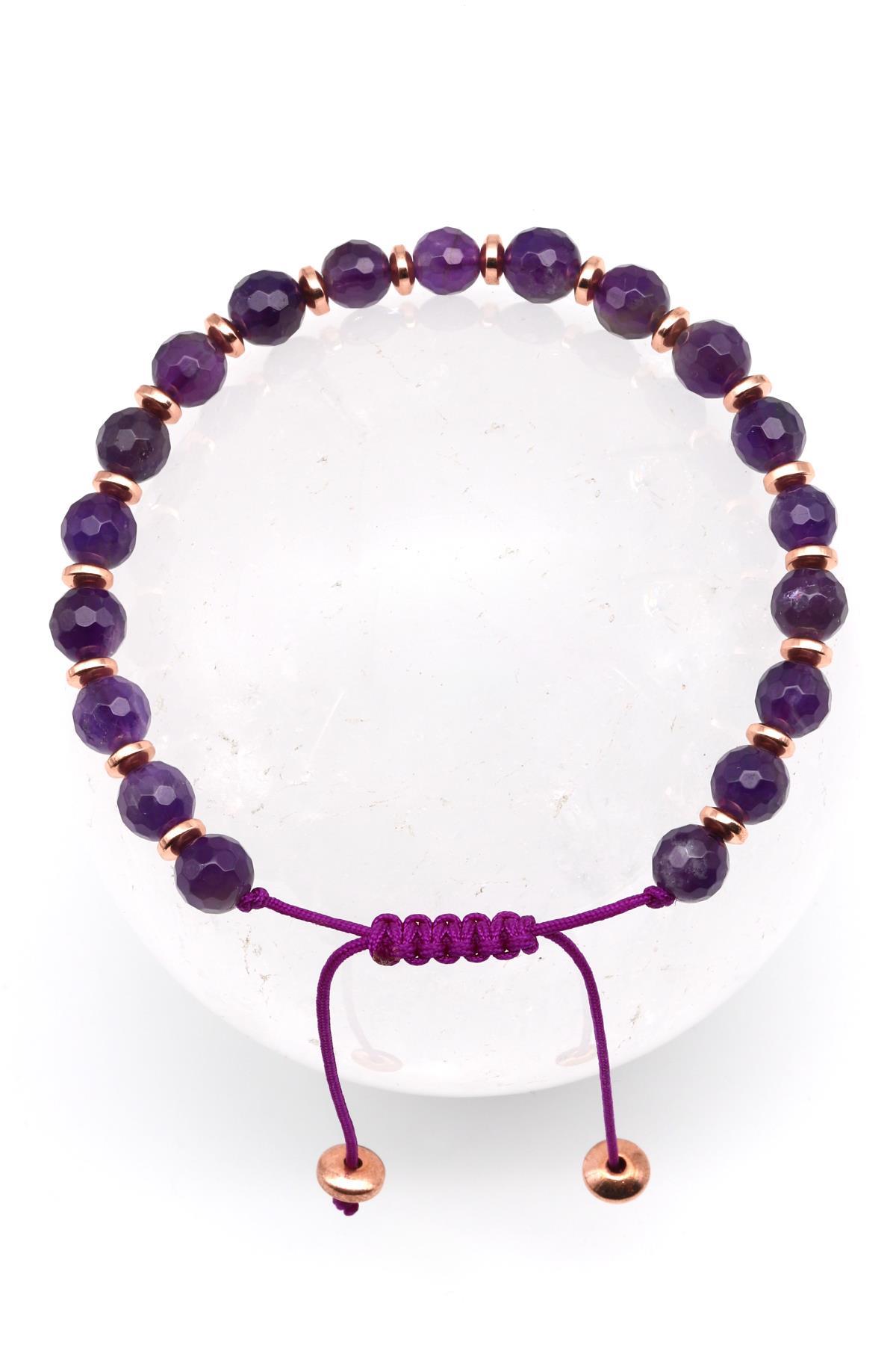 Ametist Doğal Taş Makrome Örme Bileklik Fasetli Kesim