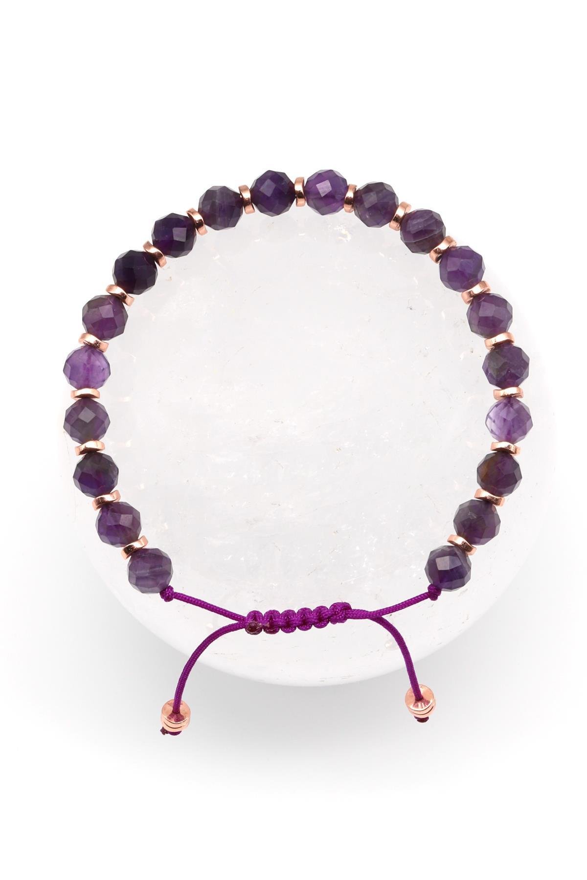 Ametist Doğal Taş Makrome Örme Bileklik Fasetli Kesim