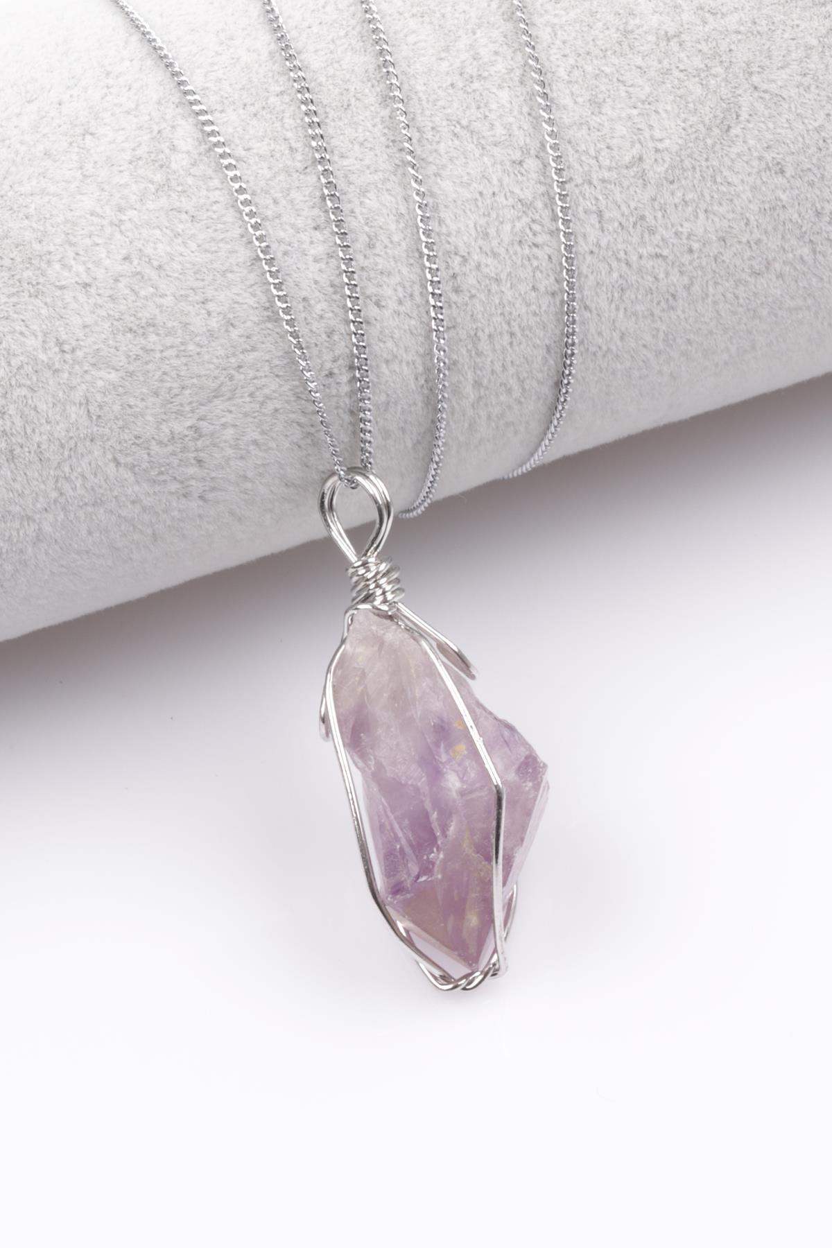 Ametist Doğal Taş Tel Sarmalı Kolye