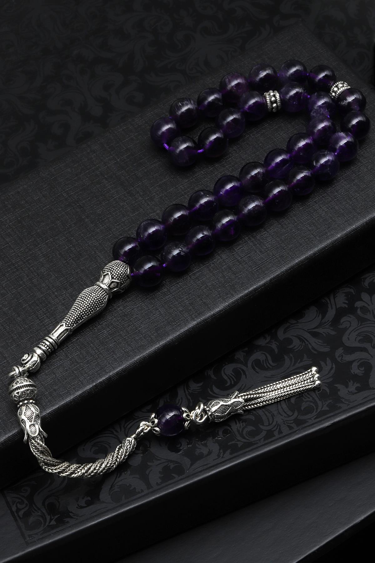 Ametist Doğal Taş Tesbih 925 Ayar Gümüş 8 mm Küre Kesim