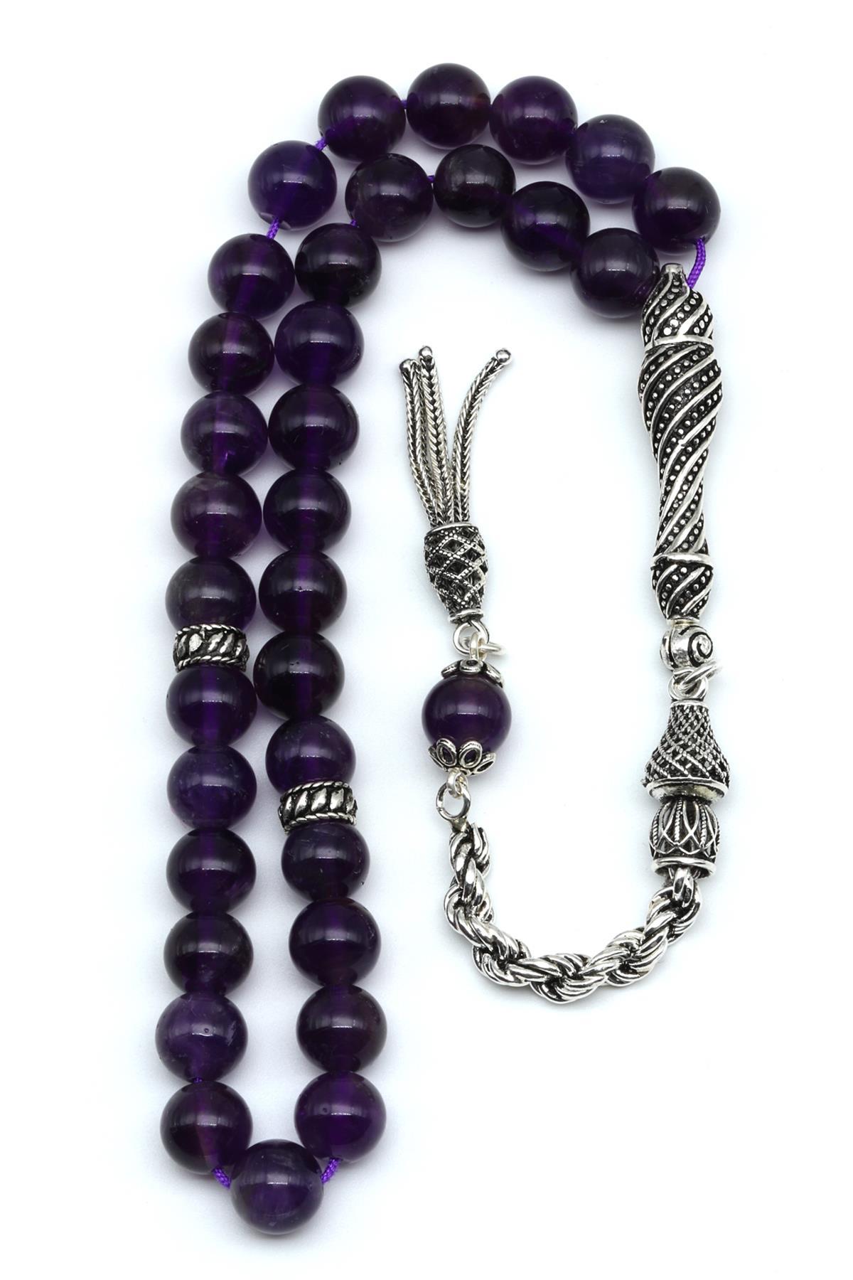 Ametist Doğal Taş Tesbih 925 Ayar Gümüş 8 mm Küre Kesim