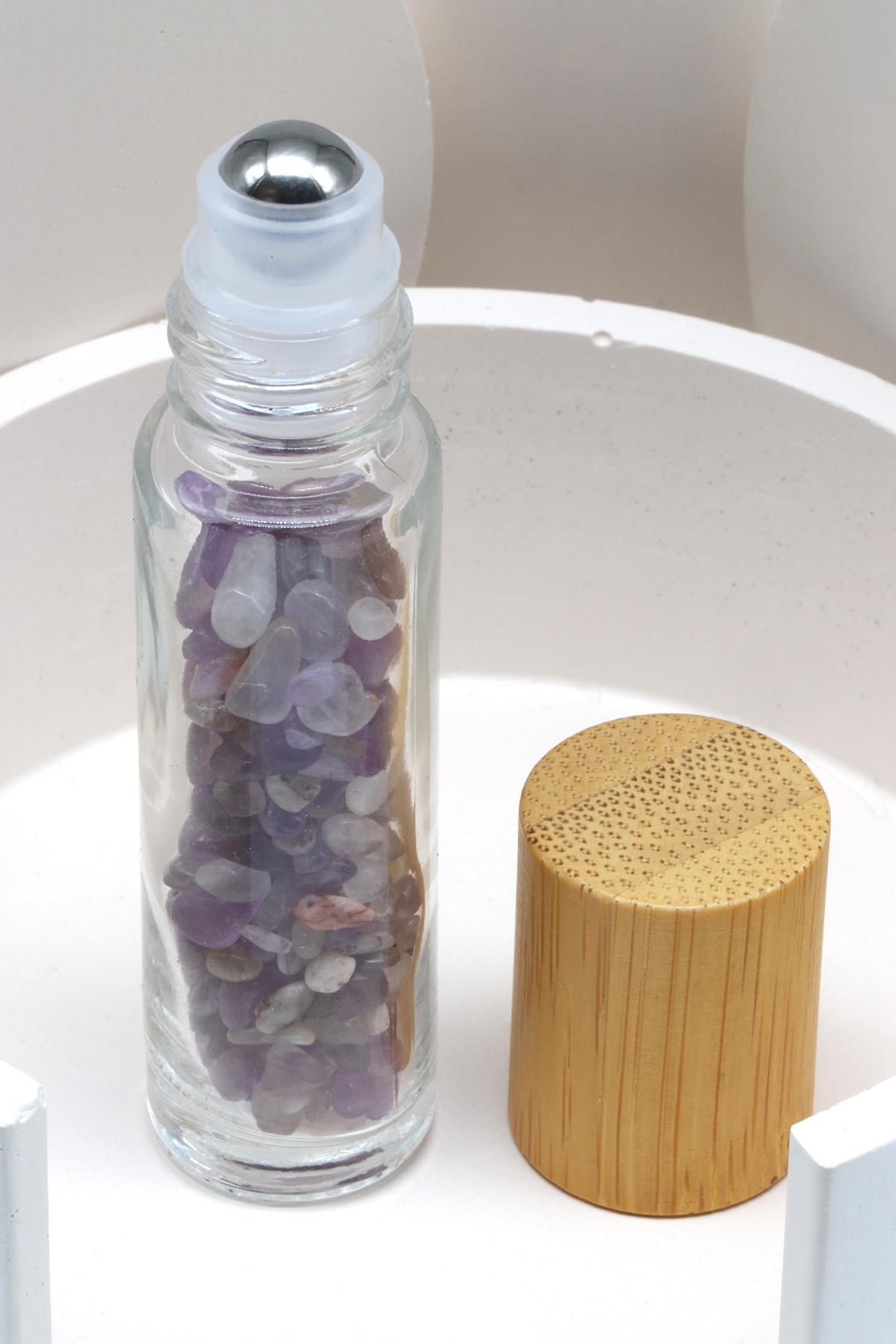 Ametist Doğal Taşlı Bambu Kapaklı Doldurulabilir Esans ve Yağ Şişesi - Hematit Uçlu