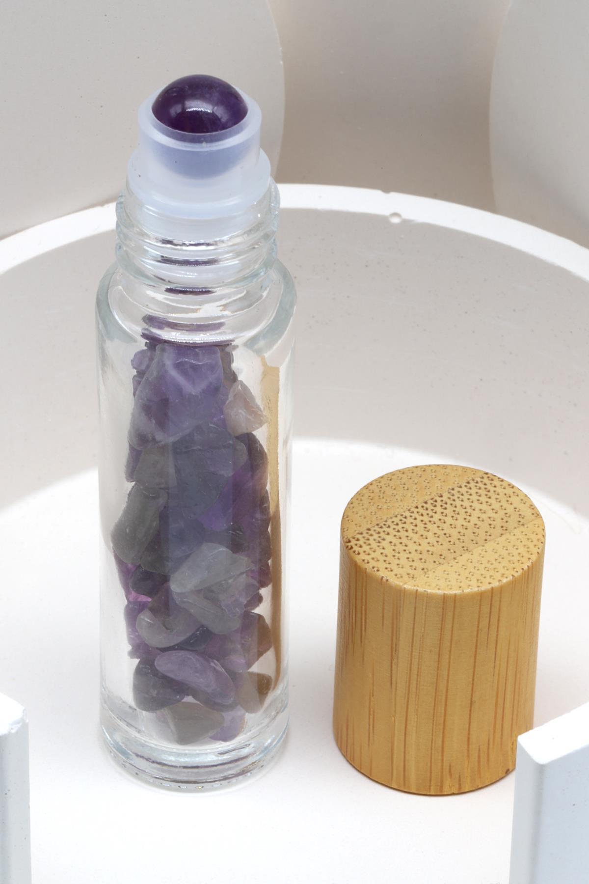 Ametist Doğal Taşlı Bambu Kapaklı Doldurulabilir Esans ve Yağ Şişesi