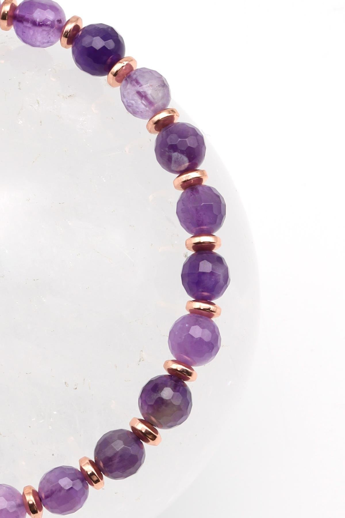 Ametist - Hematit Doğal Taş Makrome Örme Bileklik Fasetli Kesim